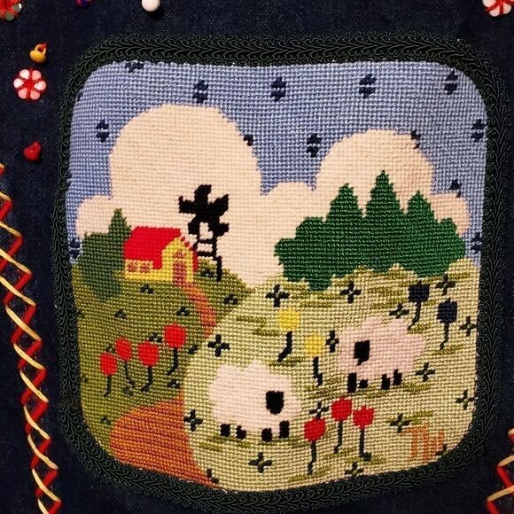 Vintage Denim Jacket Crochet Cross stitch Flowers - Picture 7 of 8